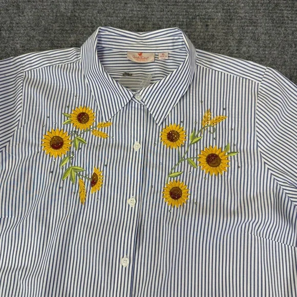 Quaker Factory by Jeanne Bice‎ XL Blue White Stripe Embroidered Sunflower Shirt - Picture 2 of 16